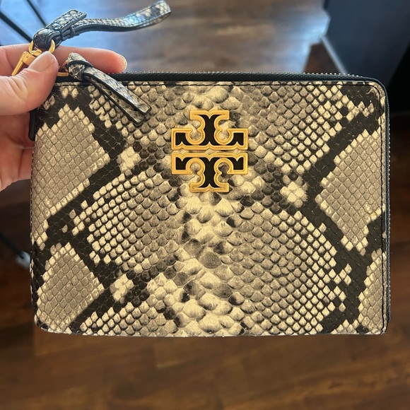 Tory Burch Handbags - Tory Burch Gold Python Britten large wristlet Logo Snakeskin Clutch